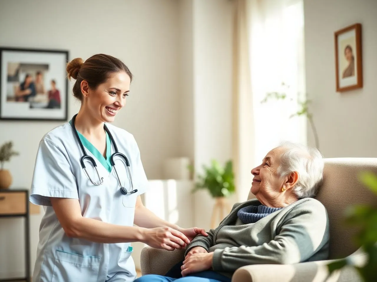 Asistentă medicală AmbuMed alături de o pacientă vârstnică, la domiciliu